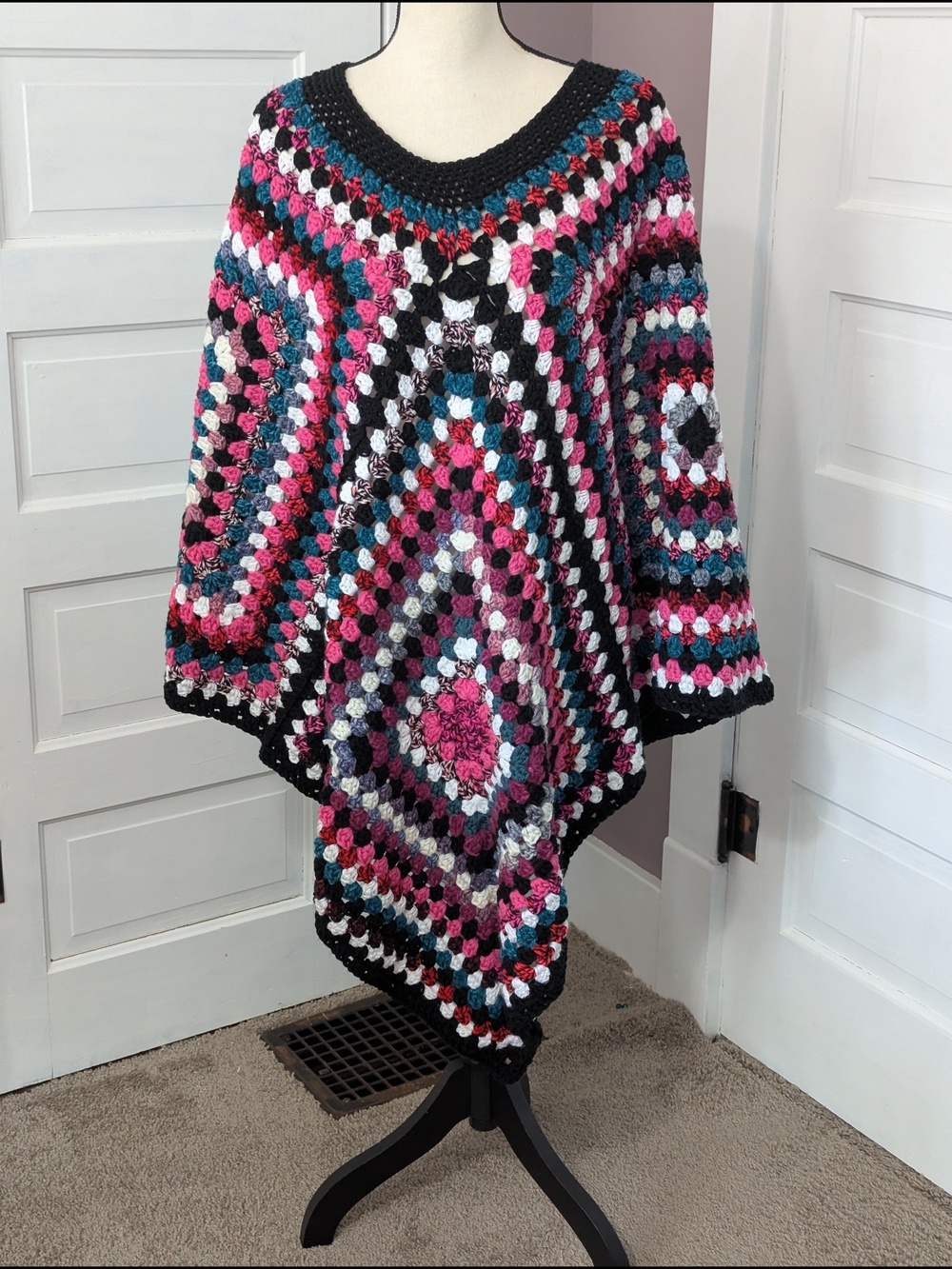 Handcrafted Multicolor Crochet Poncho Sweater - Black, Pink & Teal